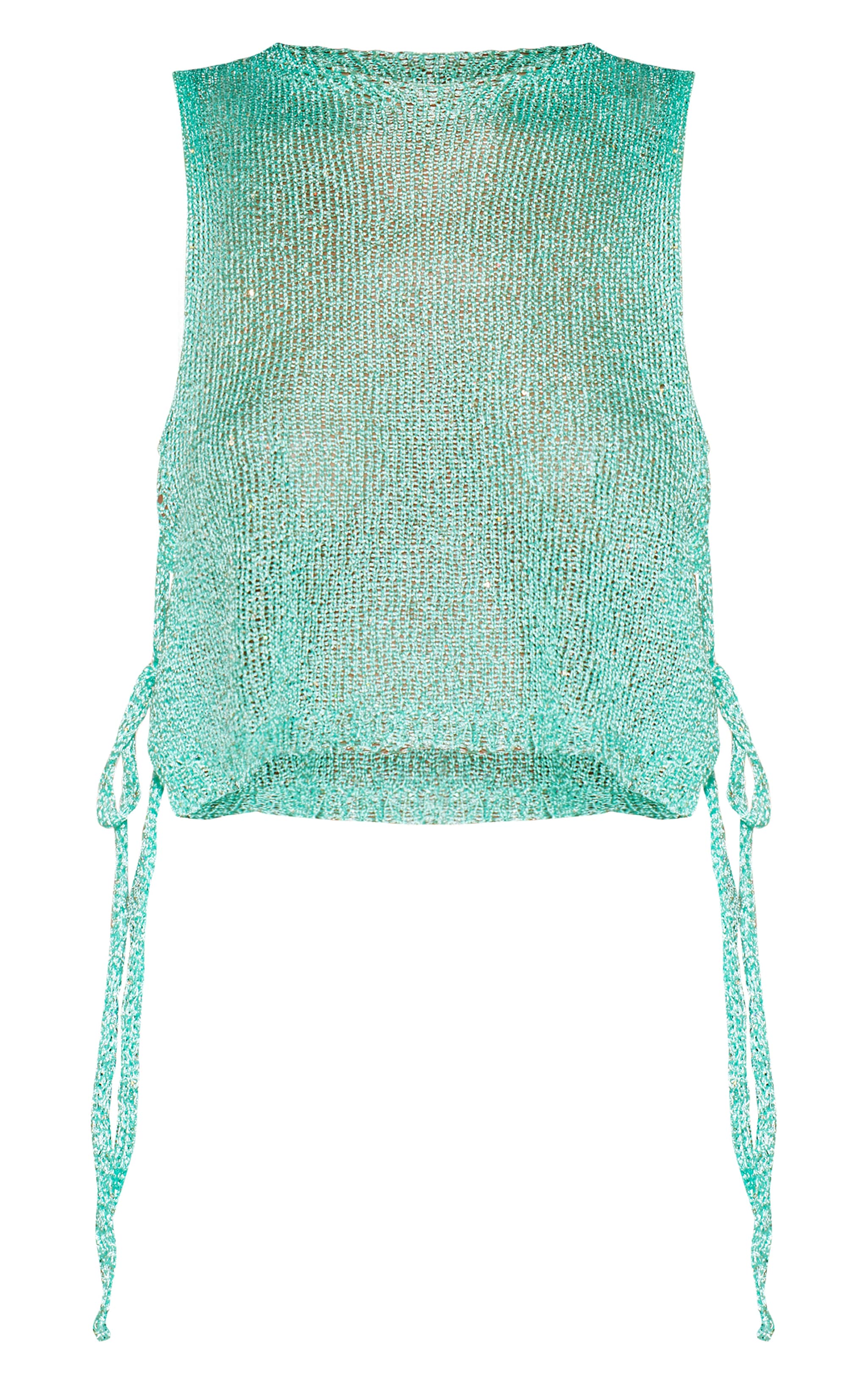 Top sans manches turquoise en maille tricot nouée sur le côté à sequins image 5