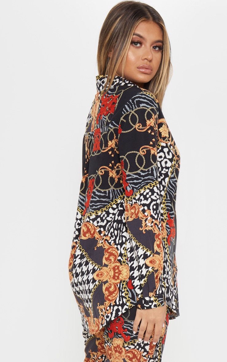 Black Mixed Print Oversized Satin Shirt image 2