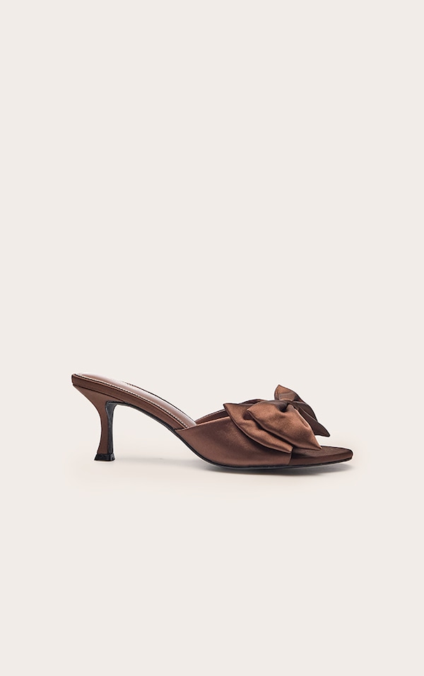 Chocolate Satin Bow Detail Heeled Mule