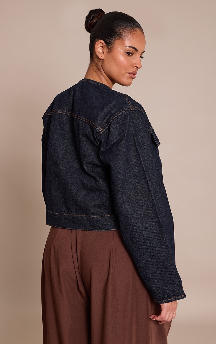 Plus Raw Indigo Wash Collarless Detail Denim Jacket image 2