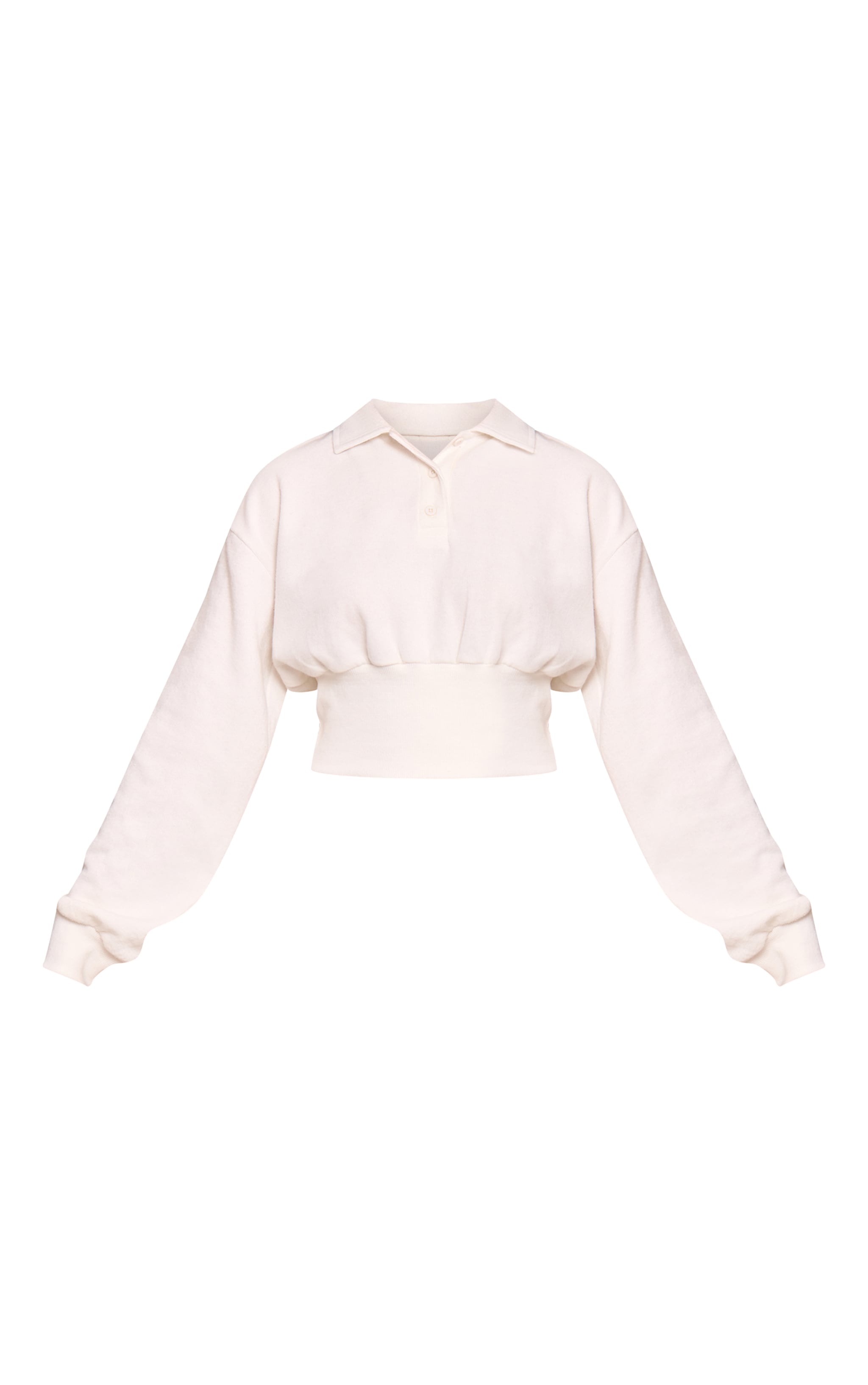 Cream Brushed Rib Cinched Waist Balloon Sleeve Polo Top image 5