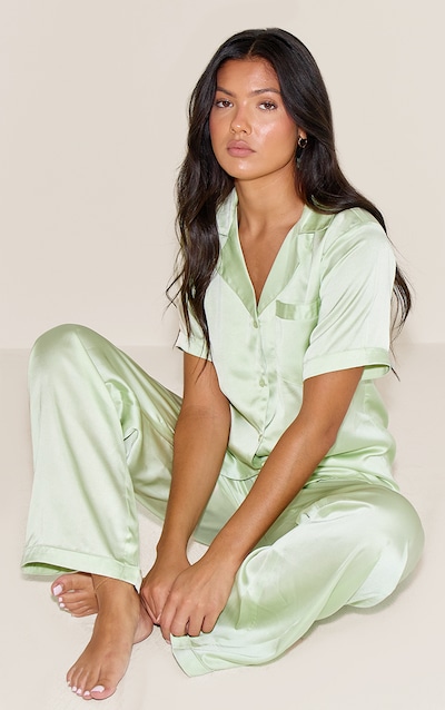 Pistachio Satin Short Sleeve Long Pj Set