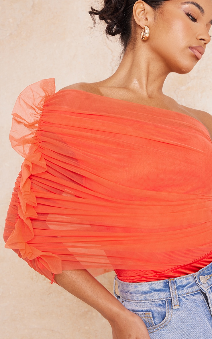 Orange Sheer Ruffle One Shoulder Bodysuit image 4