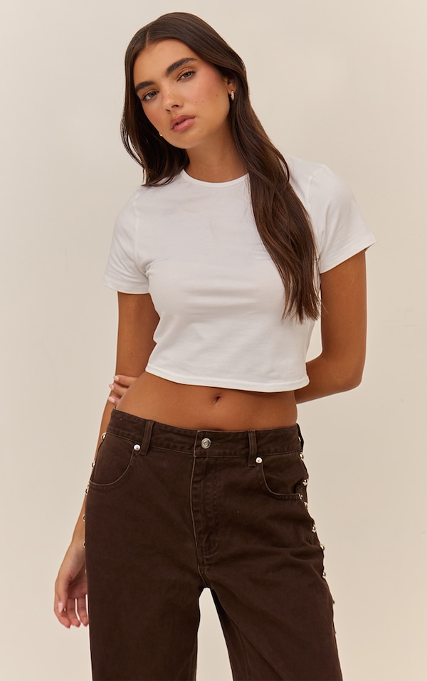 White Cotton Crew Neck Cropped Short Sleeve T-shirt