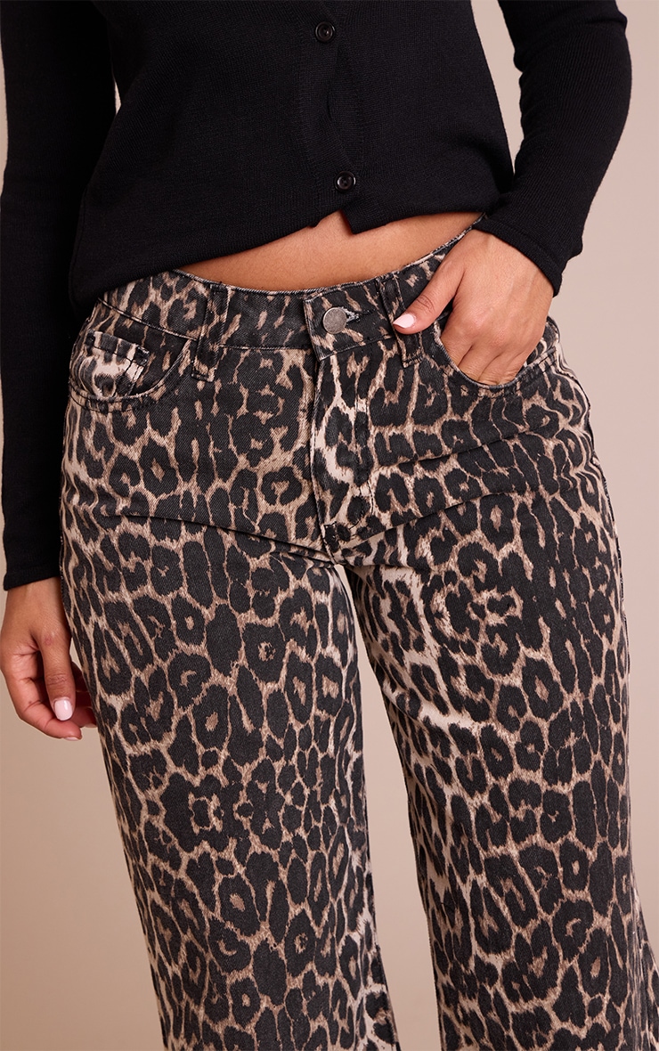 Petite Brown Leopard Print Denim Wide Leg Jeans image 4