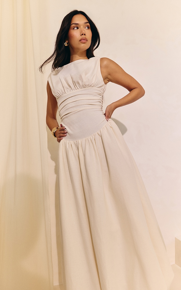 Cream Boat Neck Ruched Detail Puffball Maxi Dress image 4