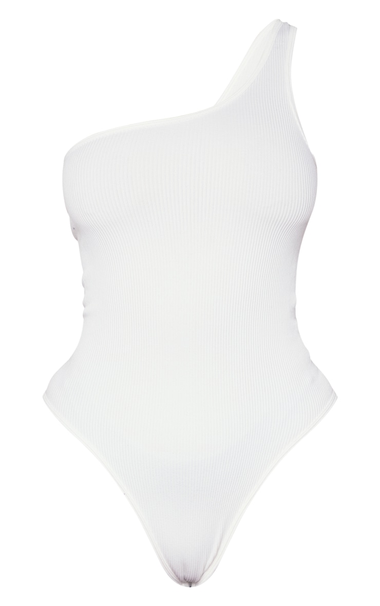 White Snatched Rib One Shoulder Sleeveless Bodysuit image 5