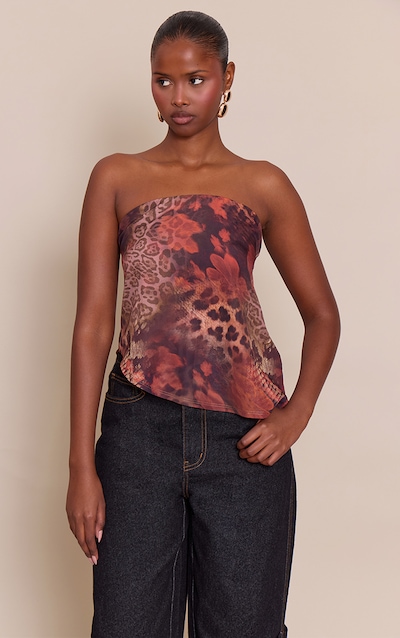 Brown Abstract Animal Print Bandeau Chiffon Top