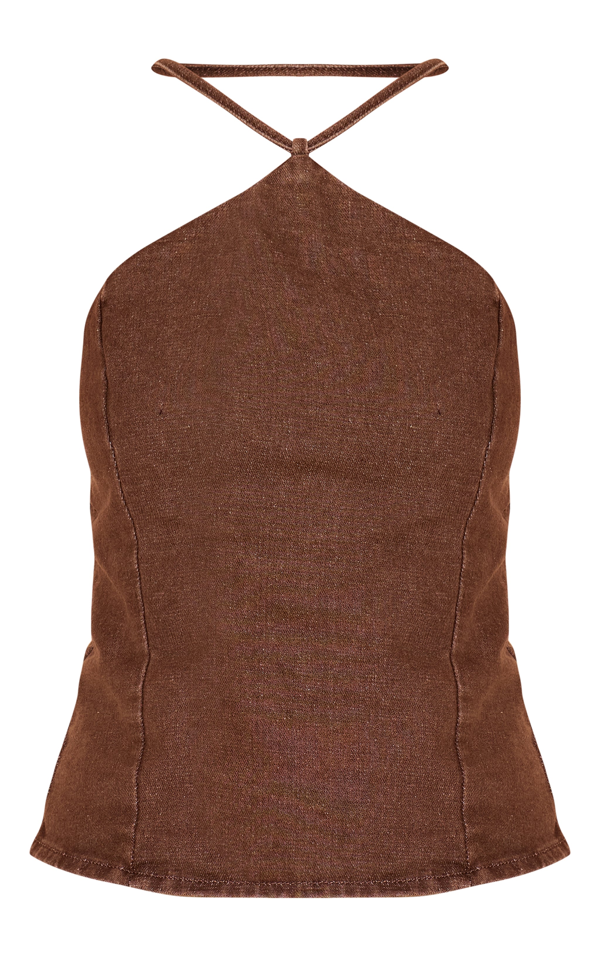 Washed Brown Halterneck Stretch Denim Top image 5