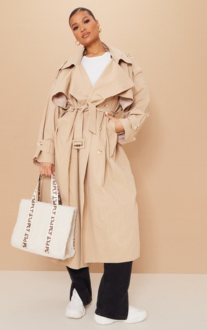 Stone Premium Woven Hooded Oversized Trench Coat Prettylittlething Il Stone Premium Woven Hooded Oversized, Pretty Little Thing Trench Coats