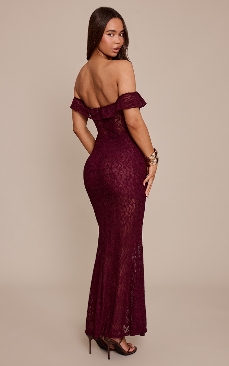 Robe bustier longue en dentelle prune à détail corset image 2