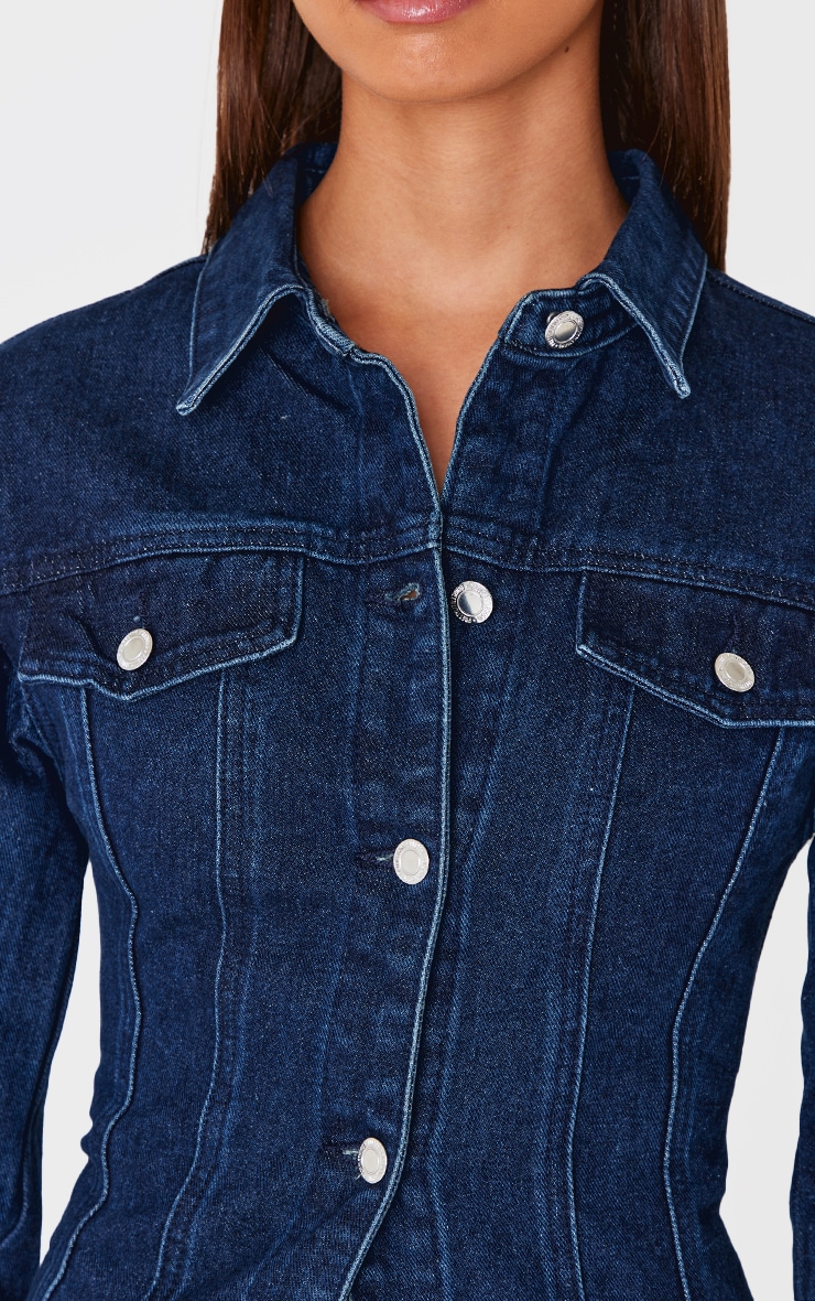 Dark Blue Long Sleeve Cinch Waist Denim Jacket image 4