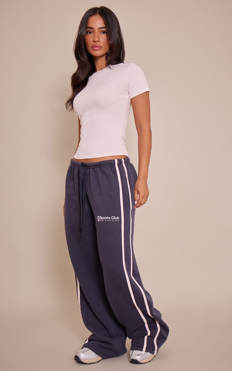 Petite Navy Sports Club Print Wide Leg Track Pants image 1