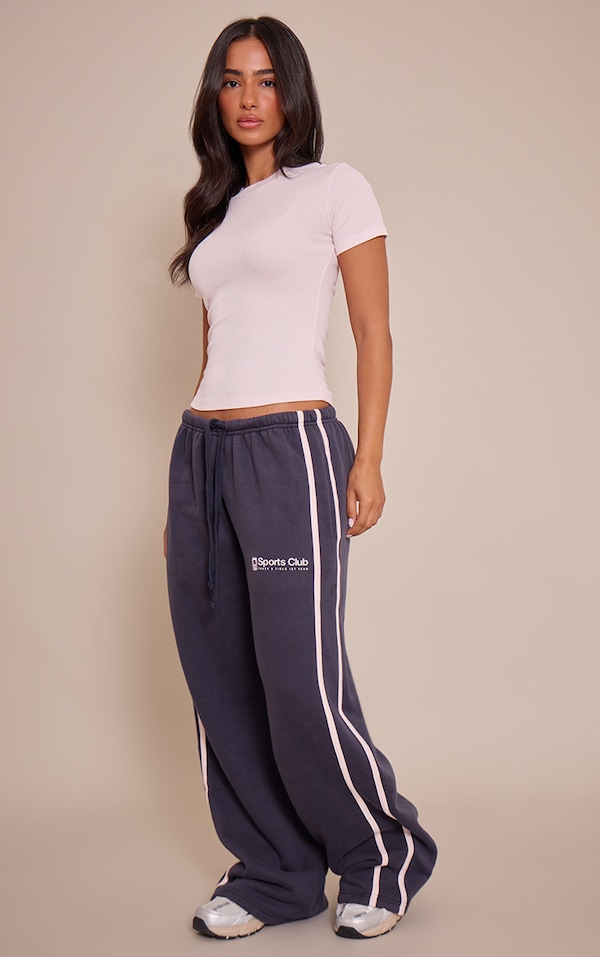 Petite Navy Sports Club Print Wide Leg Track Pants