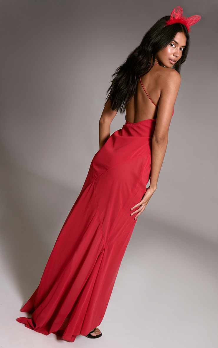 Red Chiffon V Neck Maxi Dress image 2