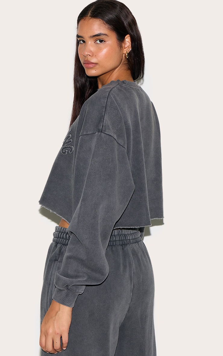 PRETTYLITTLETHING Tall Charcoal Blue Distressed Varsity Cropped Sweatshirt image 2