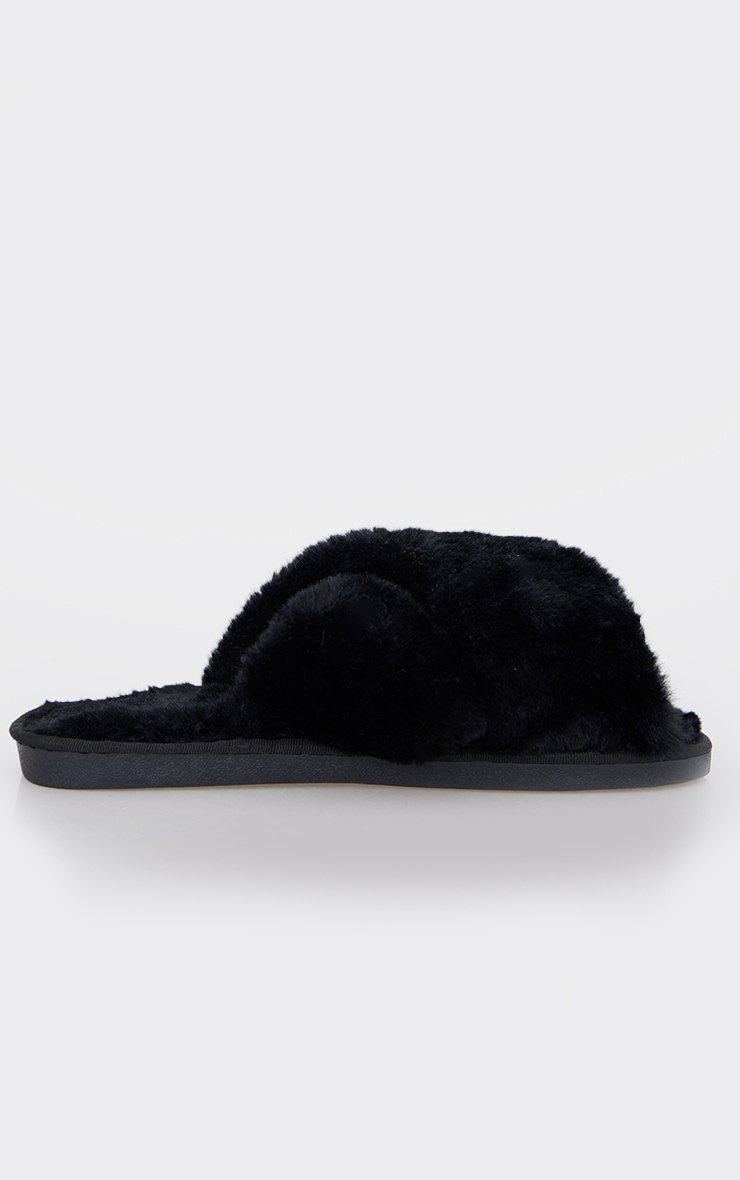 Black Fluffy Cross Strap Slippers image 4