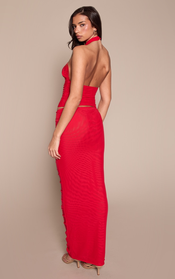 Red Mesh Ruched Maxi Skirt image 3