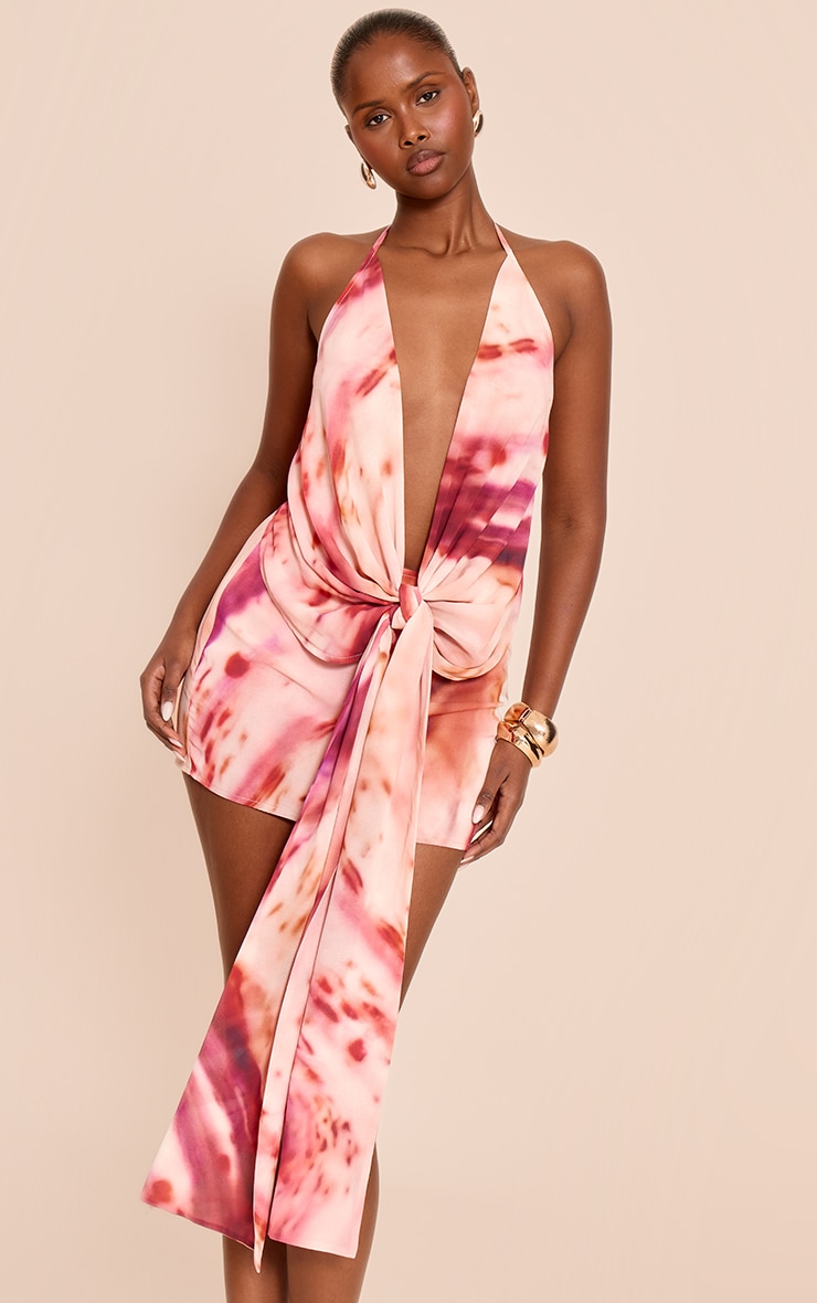 Pink Abstract Print Chiffon Draped Tie Detail Halter Neck Long Top image 1