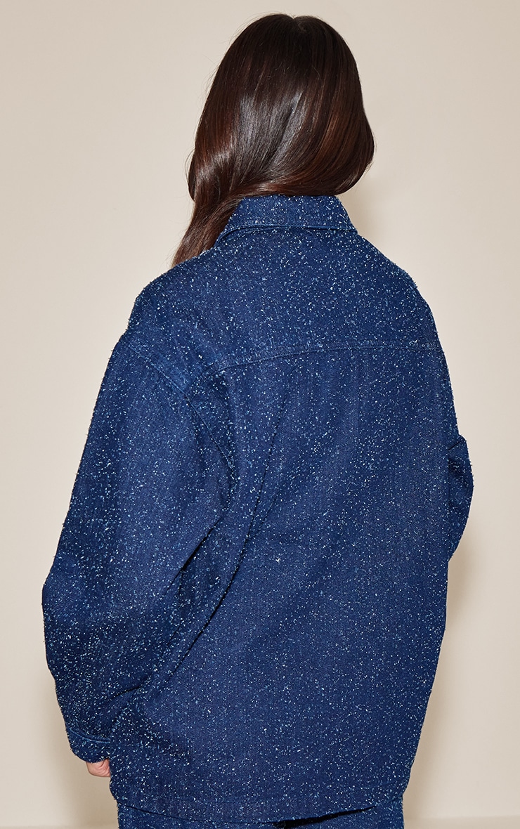 Dark Blue Boucle Denim Concealed Placket Oversized Shirt image 2