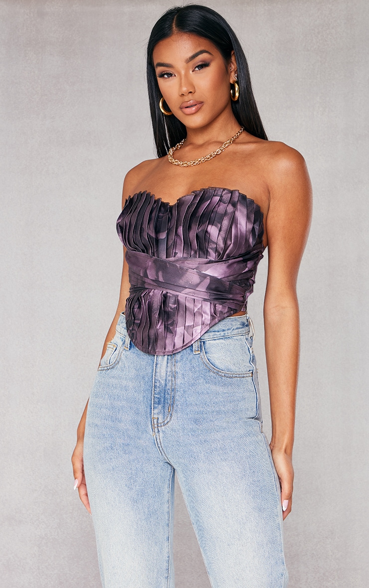 Brown Rose Printed Pleated Drape Front Corset