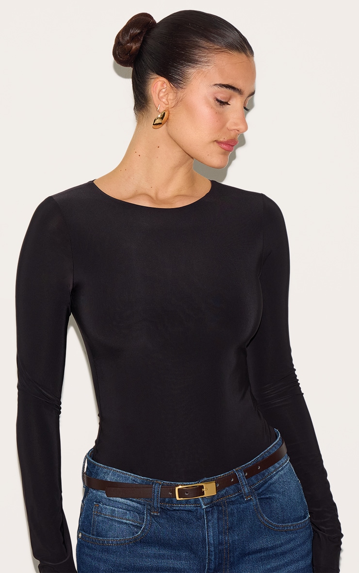 Black Basic Slinky Long Sleeve Bodysuit image 4