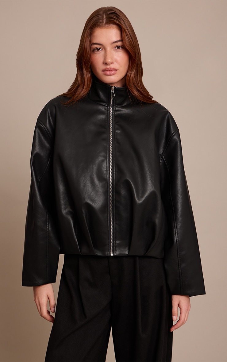 Black Faux Leather Funnel Neck Gathered Back Bomber Jacket  image 1
