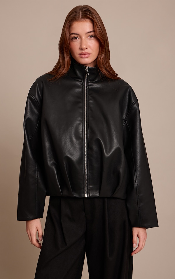 Black Faux Leather Funnel Neck Gathered Back Bomber Jacket