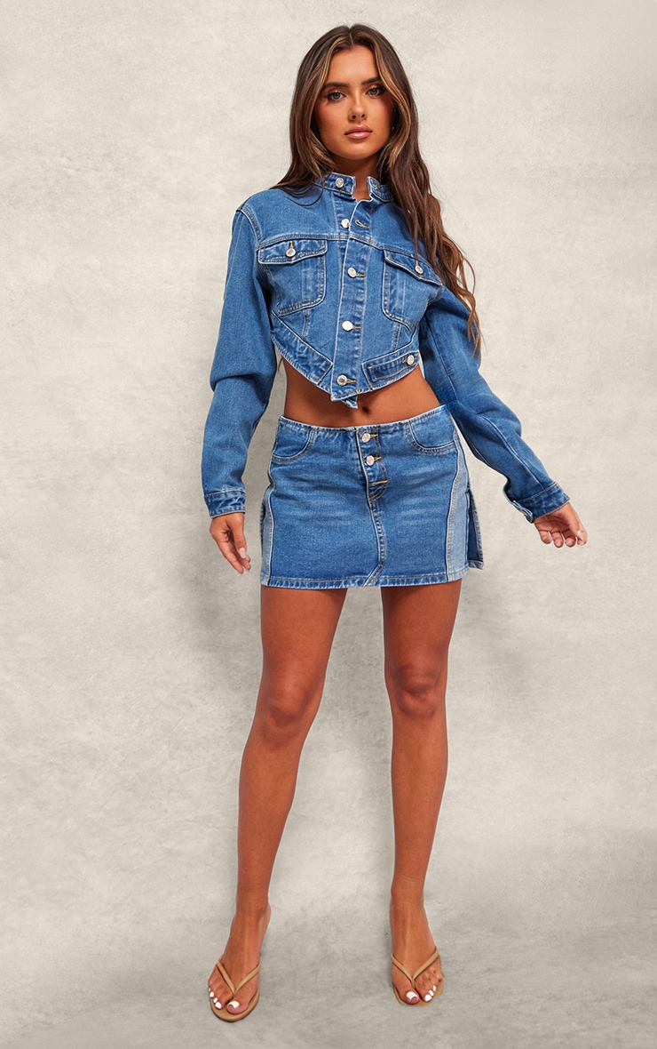 Mid Blue Wash Hanky Hem Cropped Denim Jacket image 3