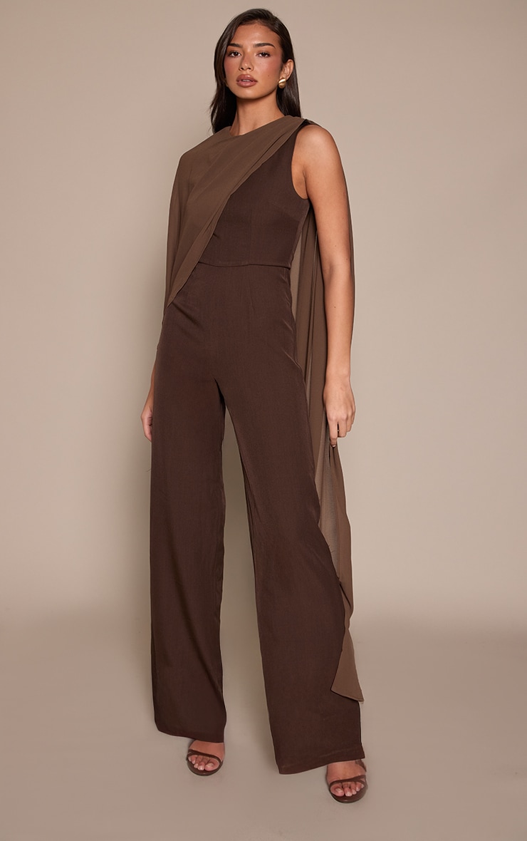 Chocolate Chiffon Cape Detail Straight Leg Jumpsuit image 1