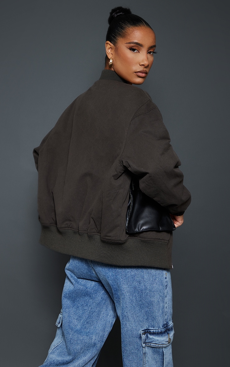 Khaki Contrast Faux Leather Pocket Oversized Bomber Jacket image 2