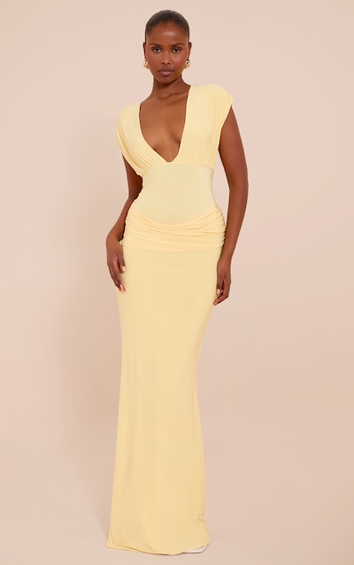 Lemon Double Layer Plunge Ruched Shoulder Drape Waist Maxi Dress