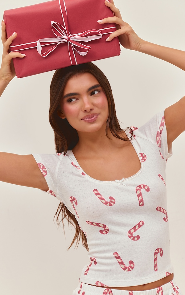 Candy Cane Print Cap Sleeve Pointelle Pyjama Top