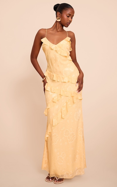 Lemon Floral Embroidered Frill Maxi Dress