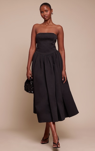 Robe bustier mi-longue patineuse tissée noire froncée