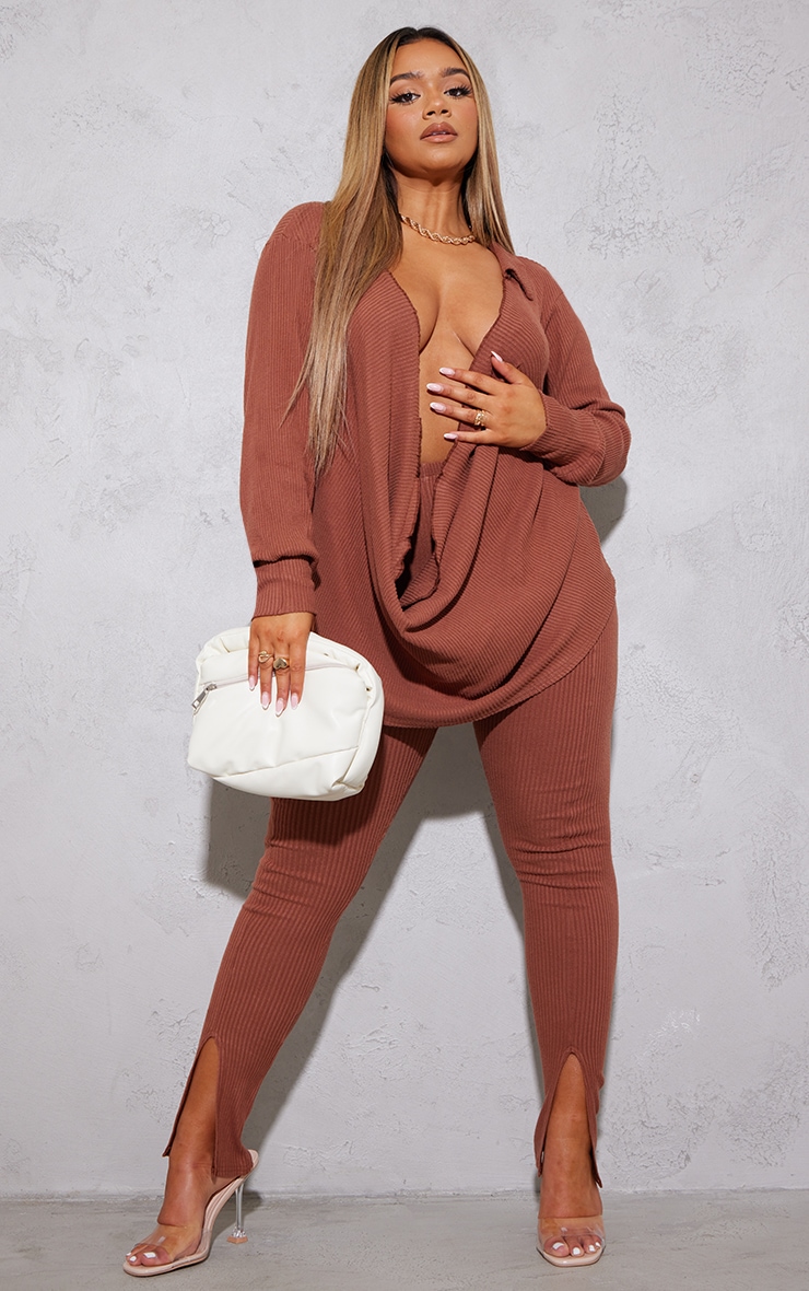 Shape Chocolate Brown Brushed Rib Split Hem High Waist Leggings
