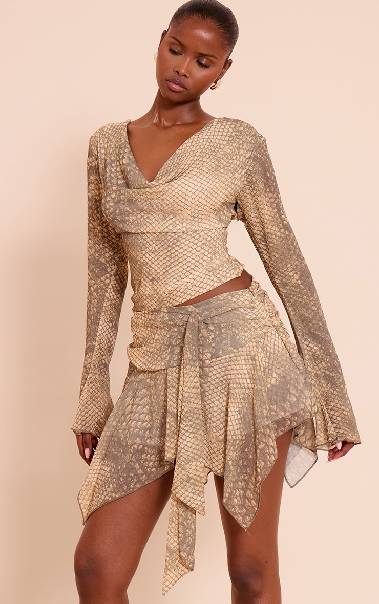 Stone Snake Print Chiffon Tiered Mini Skirt image 1