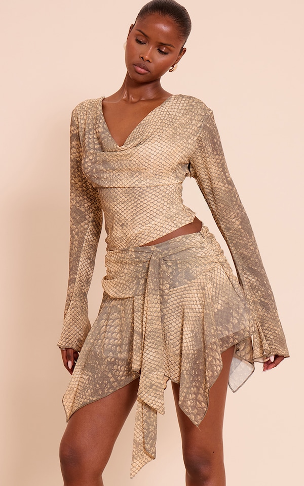 Stone Snake Print Chiffon Tiered Mini Skirt