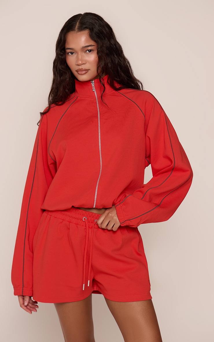 Red Embroidered Interlock Shorts image 4