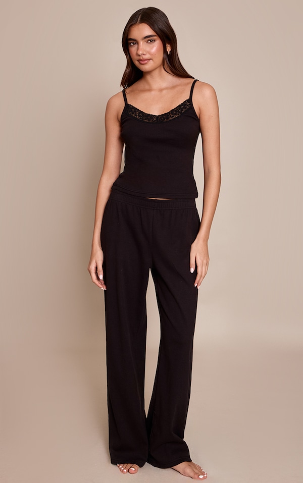 Black Ribbed Elasticated Waist Pajama Pants