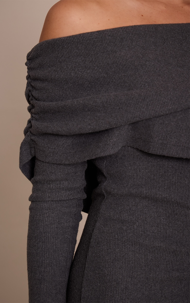 Charcoal Ribbed Bardot Oversized Fold Over Maxi Dress image 4