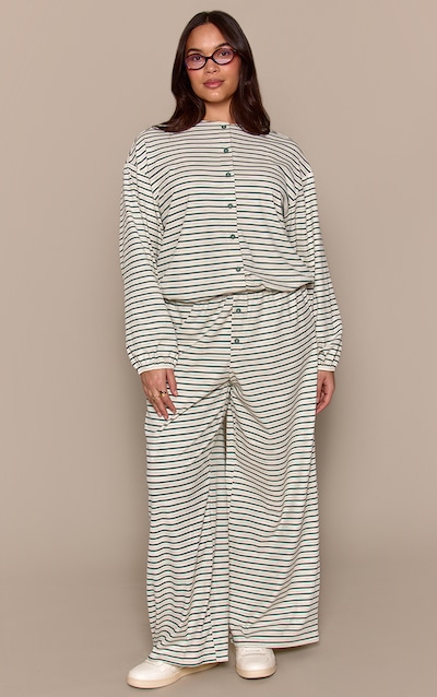 Plus Teal Stripe Soft Rib Relaxed Elasticated Trousers