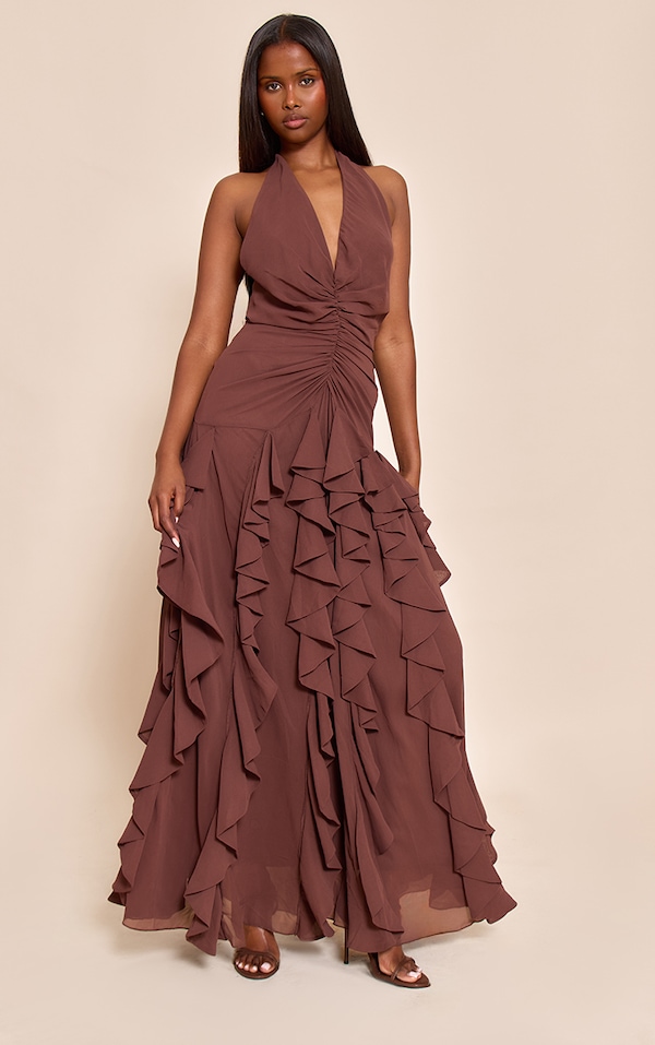 Chocolat Décolleté plongeant Froncé Volant Détail Longue Robe