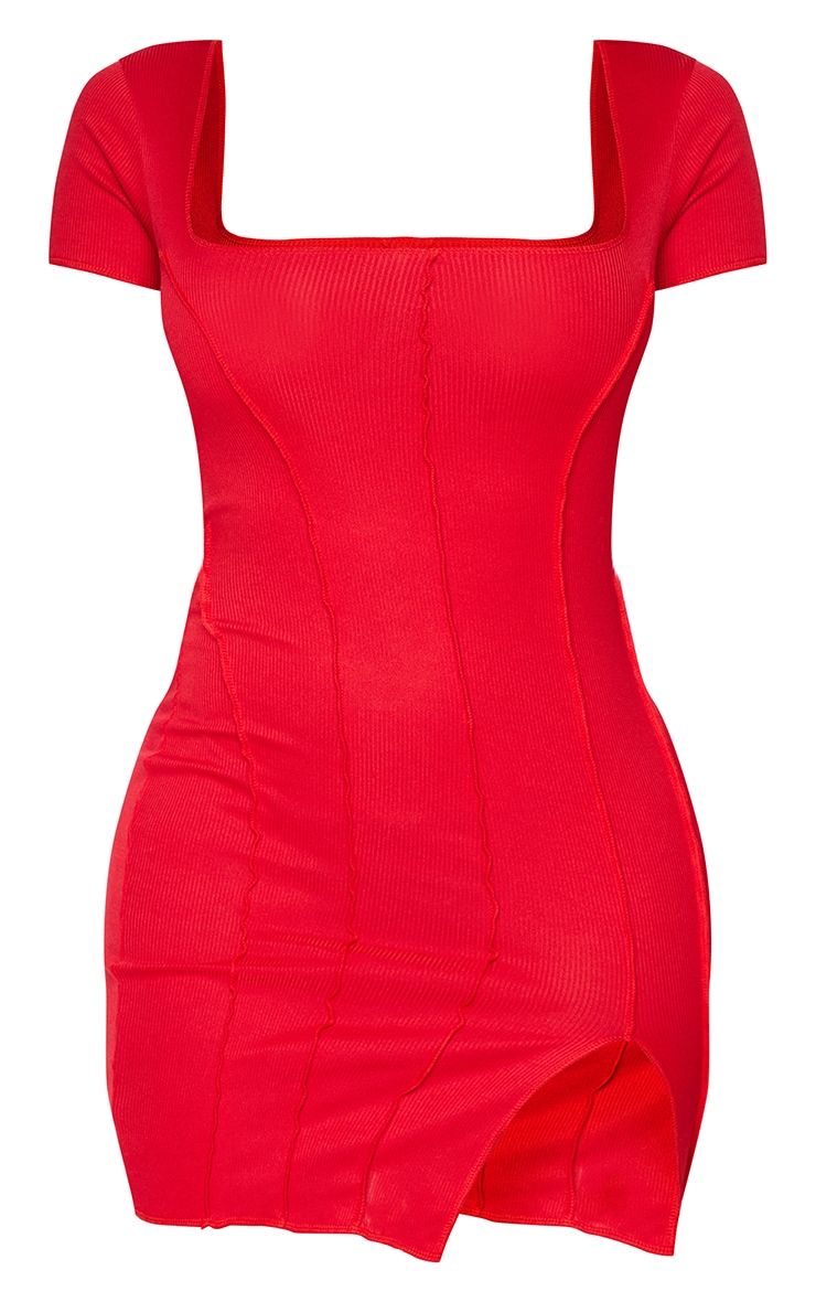 Shape Red Rib Square Neck Split Front Bodycon Dress image 5