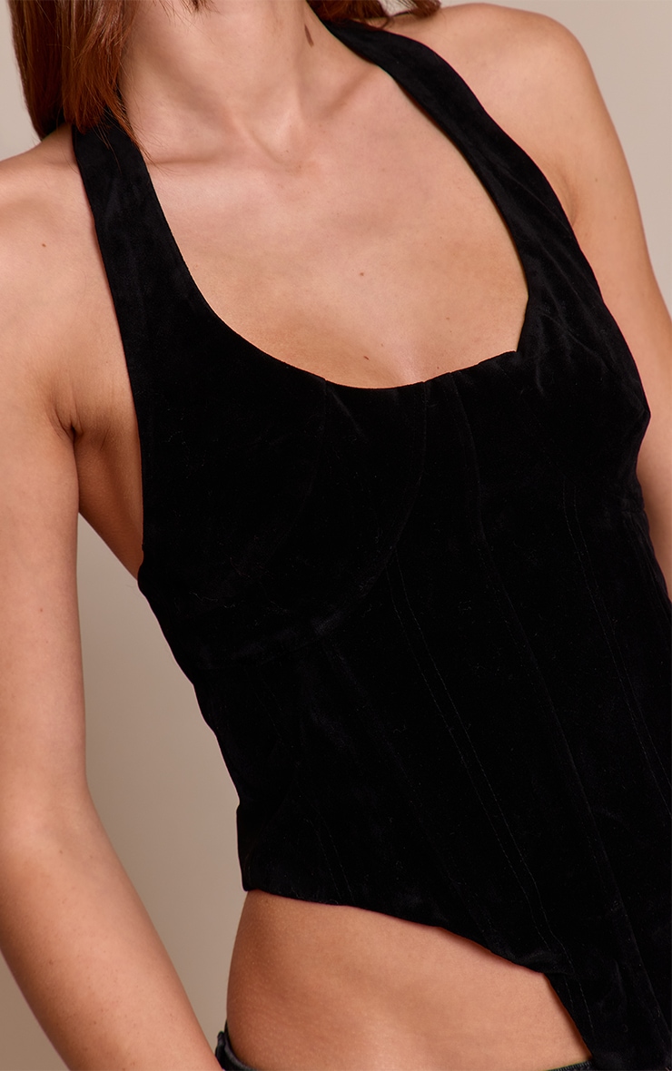 Black Faux Suede Stitching Detail Halterneck Corset  image 4