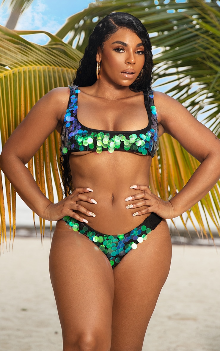 Black Sequin High Leg Bikini Bottom