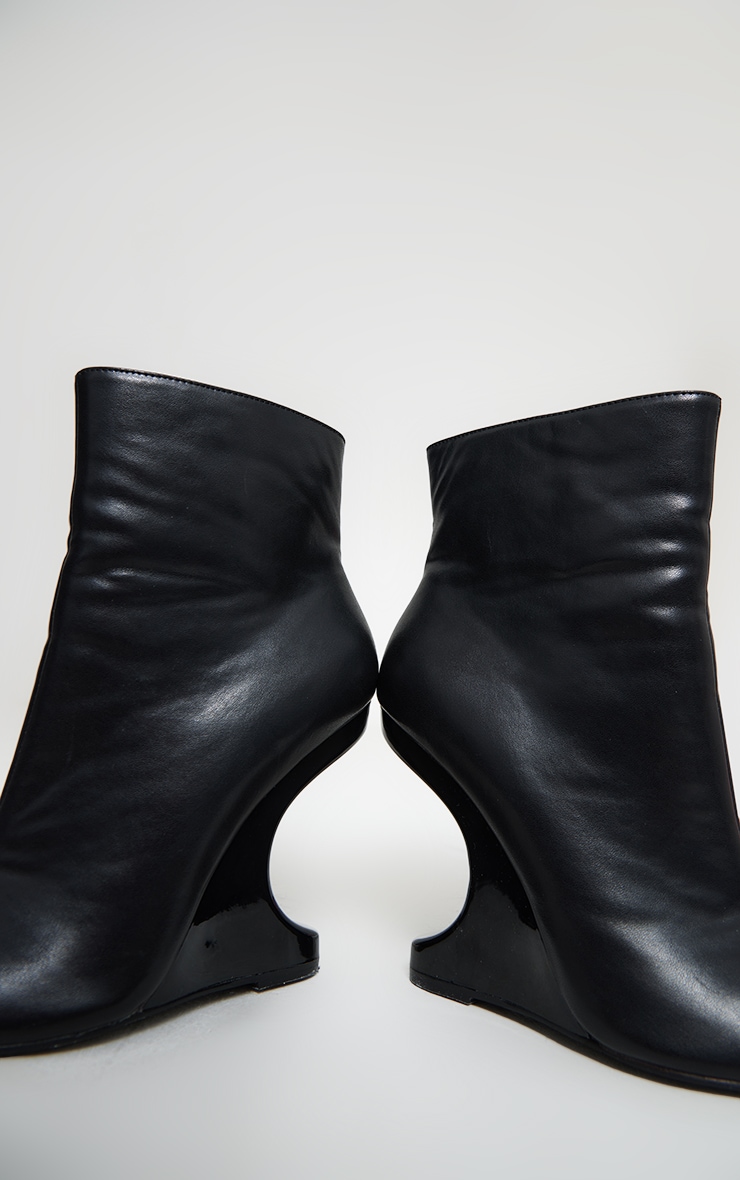 Black PU Point Toe Cut Out Heeled Wedge Ankle Boots image 4