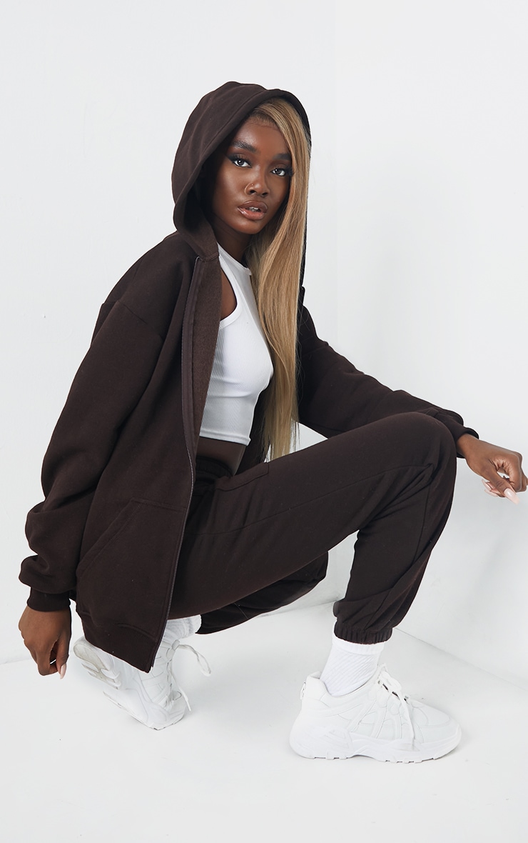 Tall Chocolate Brown Extreme Oversized Pocket Front Zip Through Hoodie image 2