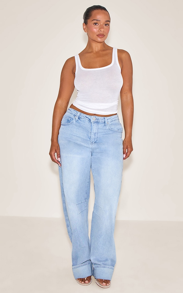 Shape Light Blue Highwaisted Stretch Denim Barrel Leg Turn Up Hem Jean
