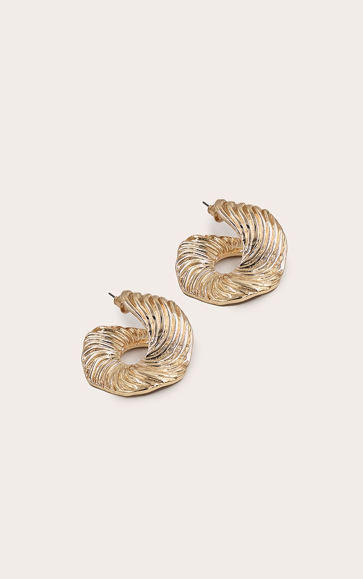 Gold Textured Asymmetrical Hoop Earrings image 2